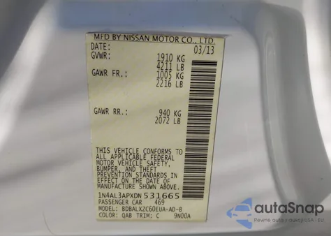 2013 Nissan Altima 2.5 Sl из США, поврежденный, VIN 1N4AL3APXDN531665